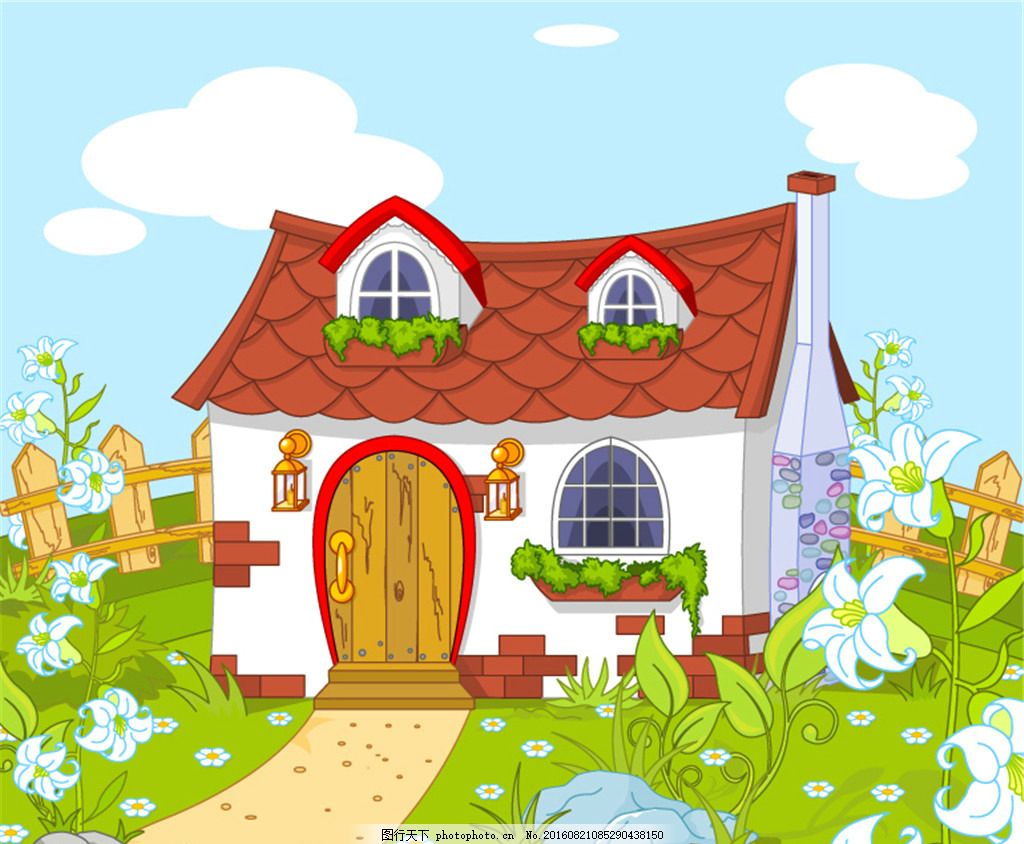 原野中的童话小屋矢量素材,建筑 房屋 风景 野百合花-
